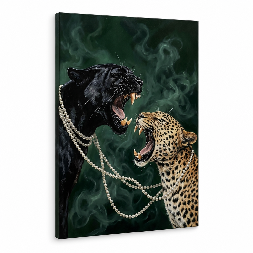 Obraz dve veľké mačkovité šelmy v profile oproti sebe — čierny panter vľavo a leopard škvrnitý vpravo, obe s otvorenými tlamami v agresívnom prejave. na plátne — 3D vizualizácia canvasu s viditeľným dreveným podrámkom, Papilora.