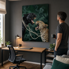 Obraz dve veľké mačkovité šelmy v profile oproti sebe — čierny panter vľavo a leopard škvrnitý vpravo, obe s otvorenými tlamami v agresívnom prejave. v štýlovo zariadenom interiéri nad drevenou konzolou s minimalistickými dekoráciami, mäkké denné svetlo.
