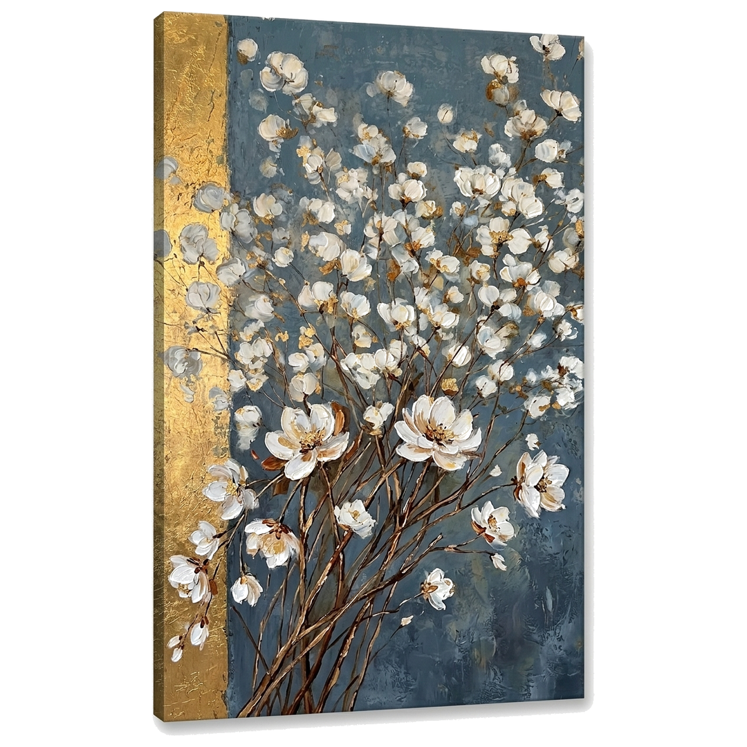 Obraz abstraktná kytica bielych kvetov na plátne — 3D vizualizácia canvasu s viditeľným dreveným podrámkom, Papilora Premium Art.