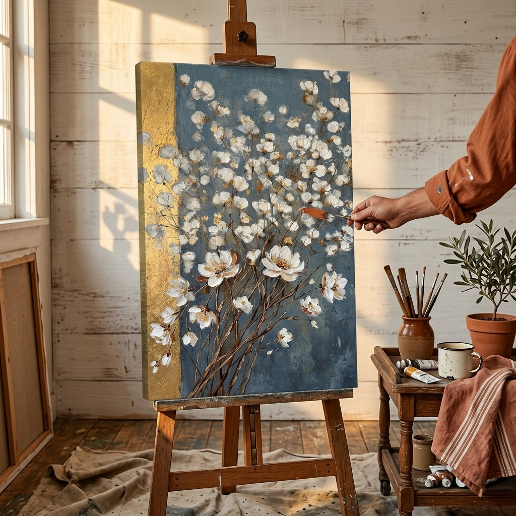 Umelkyňa v Papilora ateliéri stojí vedľa dreveného stojana s hotovým obrazom abstraktná kytica bielych kvetov, prirodzené denné svetlo z veľkého okna.