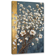 Obraz abstraktná kytica bielych kvetov na plátne — 3D vizualizácia canvasu s viditeľným dreveným podrámkom, Papilora Premium Art.