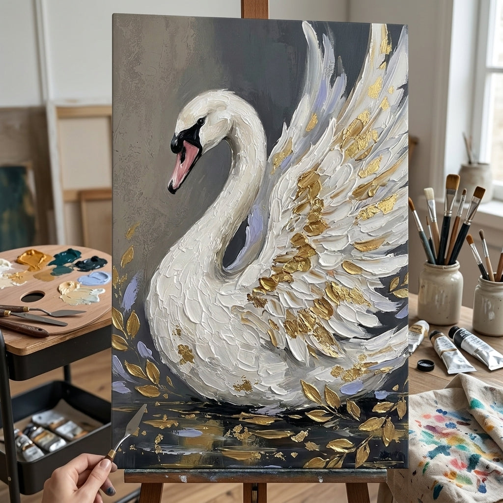 Umelkyňa v Papilora ateliéri stojí vedľa dreveného stojana s hotovým obrazom biela labuť, prirodzené denné svetlo z veľkého okna.