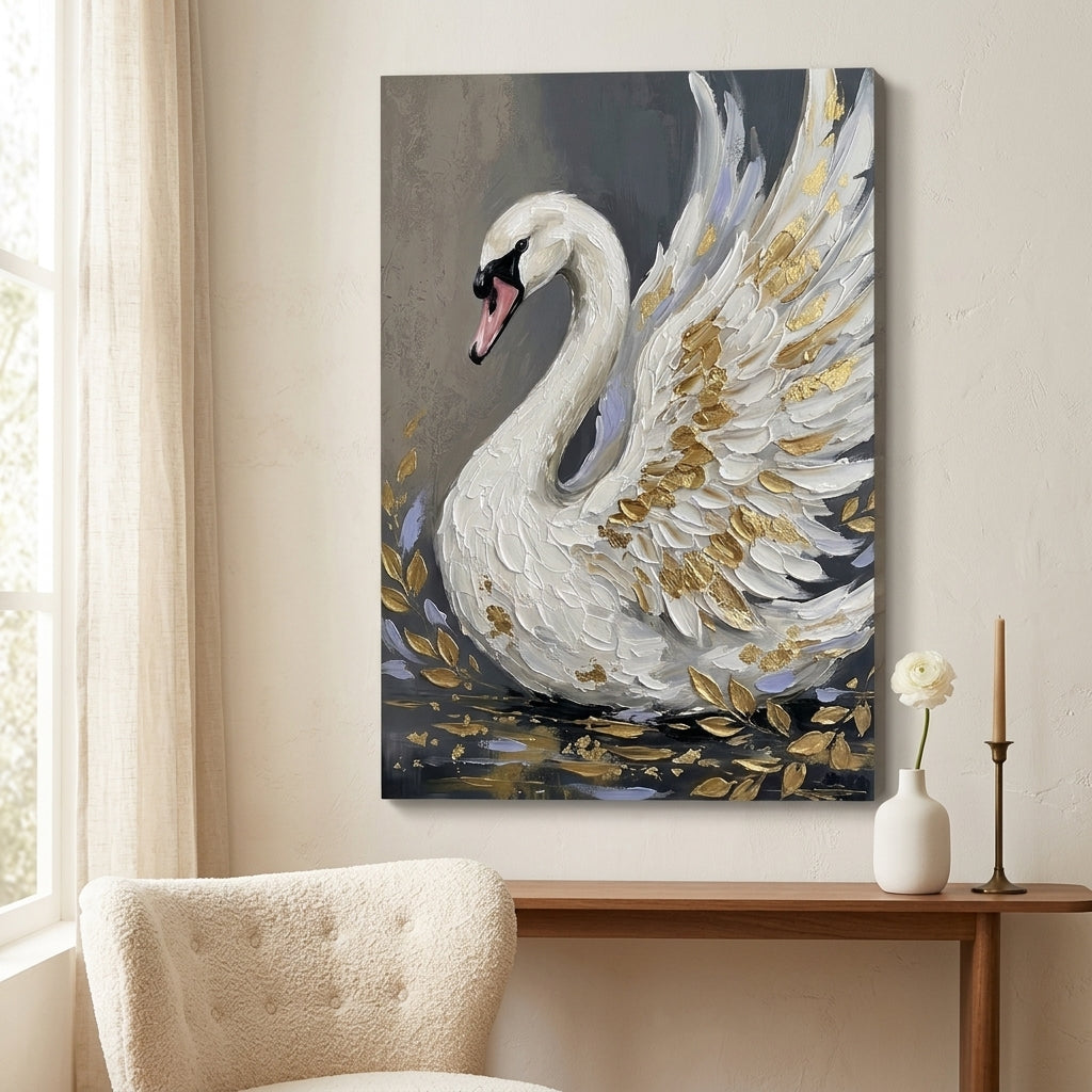 Obraz biela labuť zavesený v modernom štýlovom interiéri obývačky, nad drevenou konzolou s vázou a sviečkou.