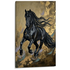 Obraz čierny kôň v cvale na plátne — 3D vizualizácia canvasu s viditeľným dreveným podrámkom, Papilora Premium Art.