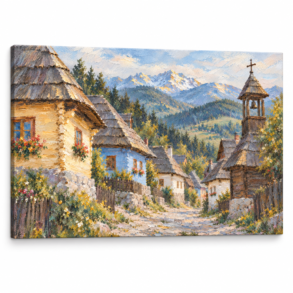 Obraz tradičnej slovenskej dedinskej ulice s drevenicami a zvonicou na plátne — 3D vizualizácia canvasu s viditeľným dreveným podrámkom, Papilora Premium Art.