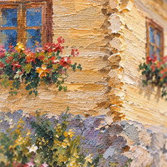 Makro detail ručne maľovaných impasto ťahov akrylovou farbou na povrchu kvetov, viditeľná textúra a reliéf — Papilora Crafted for Home.