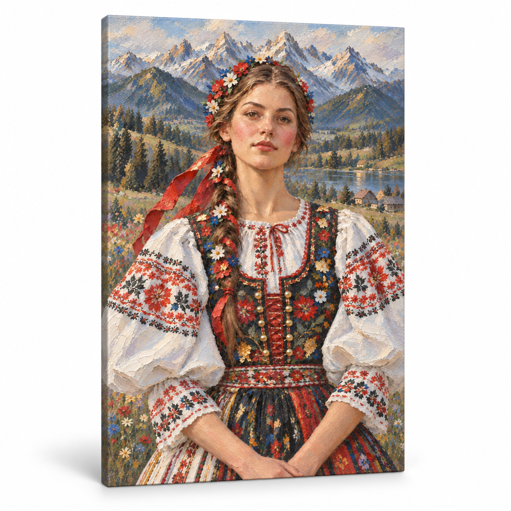 Obraz portrétu mladej ženy v tradičnom slovenskom kroji na plátne — 3D vizualizácia canvasu s viditeľným dreveným podrámkom, Papilora Premium Art.