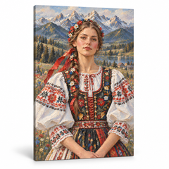 Obraz portrétu mladej ženy v tradičnom slovenskom kroji na plátne — 3D vizualizácia canvasu s viditeľným dreveným podrámkom, Papilora Premium Art.