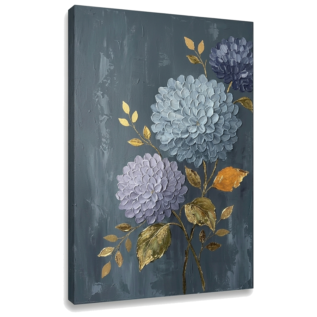 Obraz hortenzie na plátne — 3D vizualizácia canvasu s viditeľným dreveným podrámkom, Papilora Premium Art.