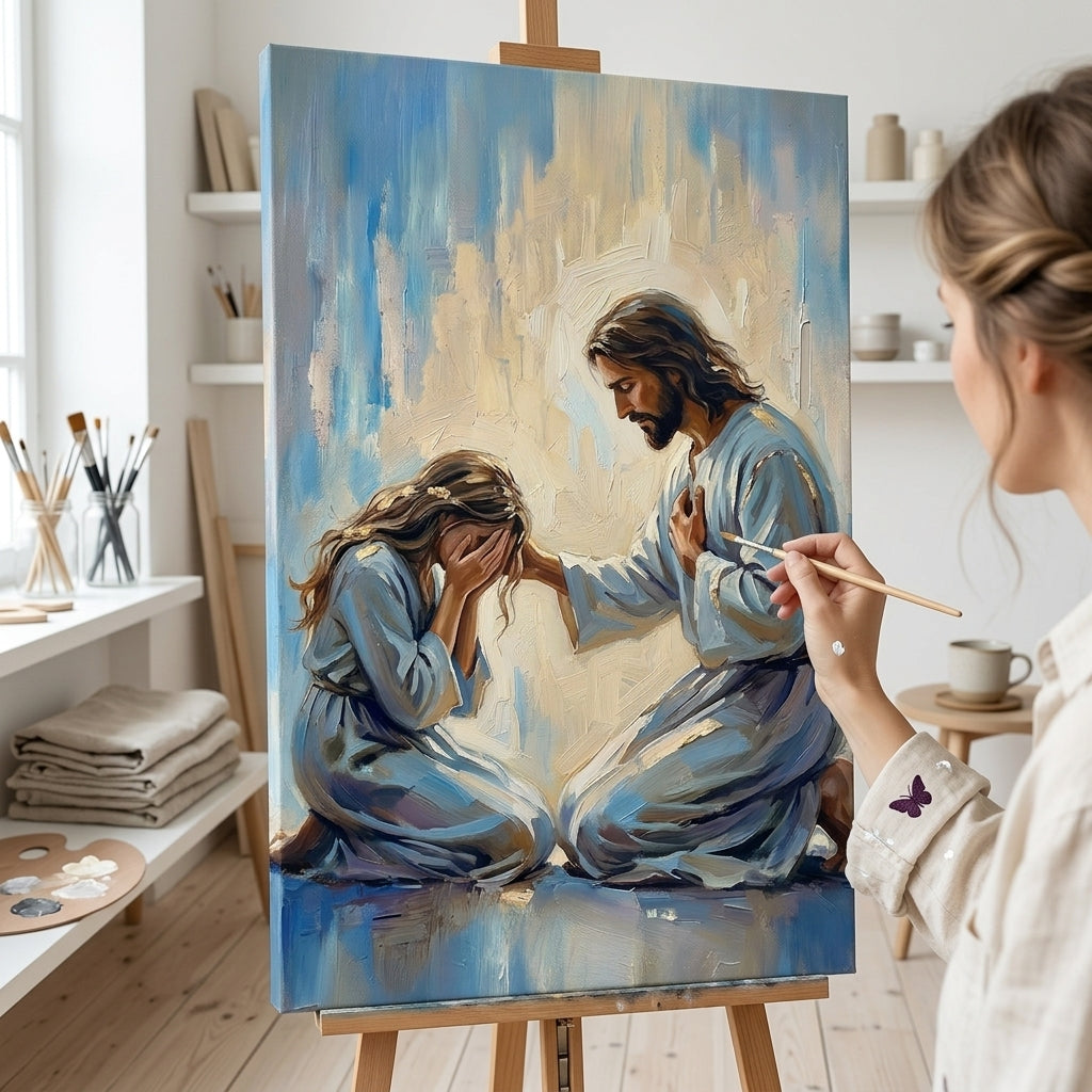 Umelkyňa v Papilora ateliéri stojí vedľa dreveného stojana s hotovým obrazom ježiš utešujúci kľačiacu ženu, prirodzené denné svetlo z veľkého okna.
