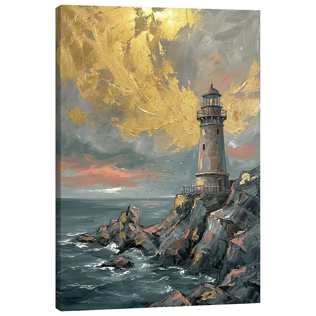 Obraz maják na skalnatom útese v rozbúrenom mori na plátne — 3D vizualizácia canvasu s viditeľným dreveným podrámkom, Papilora Premium Art.