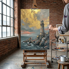 Umelkyňa v Papilora ateliéri stojí vedľa dreveného stojana s hotovým obrazom maják na skalnatom útese v rozbúrenom mori, prirodzené denné svetlo z veľkého okna.