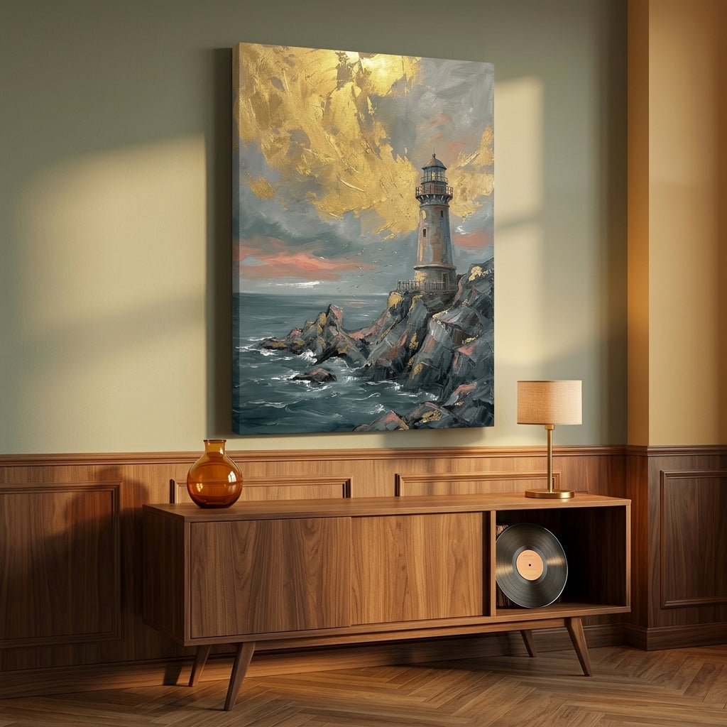 Obraz maják na skalnatom útese v rozbúrenom mori zavesený v modernom štýlovom interiéri obývačky, nad drevenou konzolou s vázou a sviečkou.