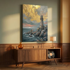 Obraz maják na skalnatom útese v rozbúrenom mori zavesený v modernom štýlovom interiéri obývačky, nad drevenou konzolou s vázou a sviečkou.