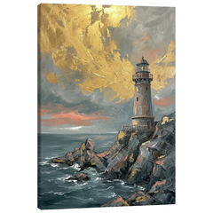 Obraz maják na skalnatom útese v rozbúrenom mori na plátne — 3D vizualizácia canvasu s viditeľným dreveným podrámkom, Papilora Premium Art.