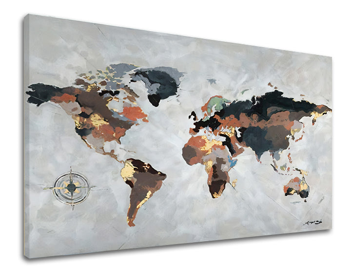Industriálny obraz na plátne s motívom MAPA SVETA, mapa v hnedo-sivých odtieňoch, sofistikovaná atmosféra, vhodný do kancelárie | Obraz na plátne MAPA SVETA – produkt