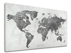 Industriálny obraz na plátne s motívom MAPA SVETA, mapa, príroda v bielo-sivých odtieňoch, sofistikovaná atmosféra, vhodný do kancelárie | Obraz na plátne MAPA SVETA – produkt