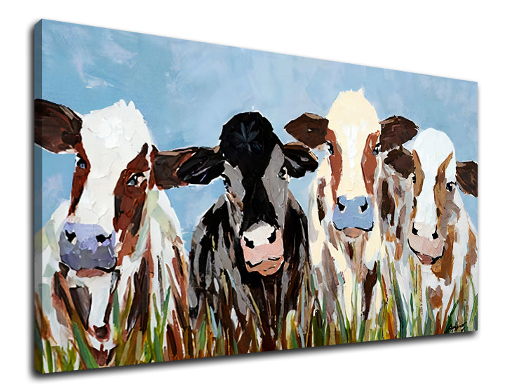 Pop art obraz na plátne s motívom KRAVY, obloha, krajina, vesmír v bielo-hnedých odtieňoch, veselá atmosféra, príroda, vhodný do kuchyne | Obraz na plátne KRAVY – produkt