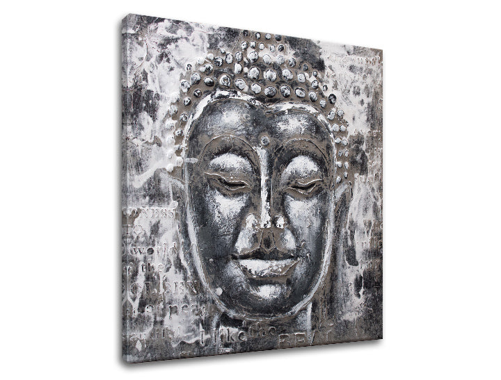 Industriálny obraz na plátne s motívom BUDHA, Buddha v bielo-sivých odtieňoch, pokojná atmosféra, vnútorný mier, vhodný do spálne | Obraz na plátne BUDHA – produkt