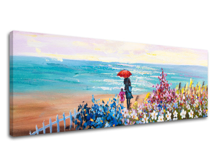 V boho štýle obraz na plátne s motívom PLÁŽ, dieťa, oceán, kvety, more a pláž vo viacfarebných odtieňoch, pokojná atmosféra, láska a rodina, vhodný do spálne – produkt