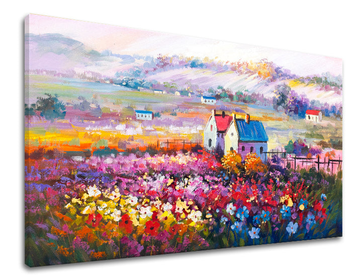 Pop art obraz na plátne s motívom krajina, kvety, náboženský motív, príroda vo viacfarebných odtieňoch, veselá atmosféra, jarná atmosféra a domov – produkt