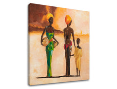 V boho štýle obraz na plátne s motívom AFRICKÉ ŽENY, dieťa, etnický vzor v béžovo-hnedých odtieňoch, pokojná atmosféra, rodina, vhodný do obývačky – produkt
