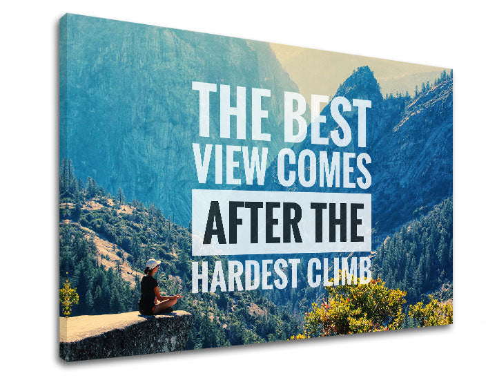 Moderný obraz na plátne s motívom The best view comes, les, motivačný citát v bielo-čiernych odtieňoch, príroda a vnútorný pokoj, vhodný do kancelárie – produkt