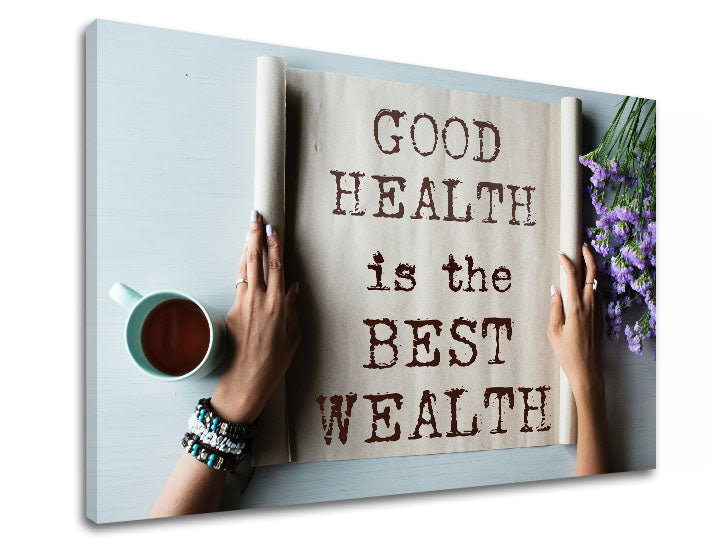 Moderný obraz na plátne s motívom Good health, kvety, motivačný citát, náboženský motív, príroda v béžovo-hnedých odtieňoch, pokojná atmosféra – produkt