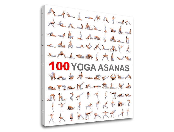 Moderný obraz na plátne s motívom 100 Yoga asanas, motivačný citát v bielo-sivých odtieňoch, vnútorný pokoj | Motivačný obraz na stenu 100 Yoga asanas – produkt