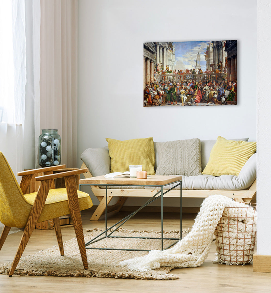 Pop art obraz na plátne s motívom Paolo Veronese - Svadba v Káne Galilejskej v modro-zelených odtieňoch, slávnostná atmosféra, vhodný do kuchyne – hlavný