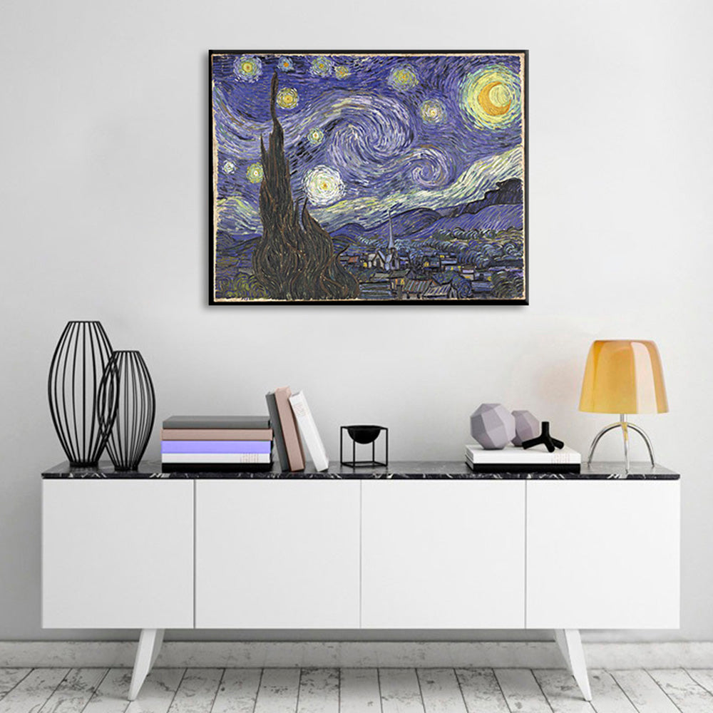 Vintage obraz na plátne s motívom Vincent van Gogh - Hviezdna noc, nočná obloha, hviezdy, mapa, príroda v bielo-modrých odtieňoch, vhodný do pracovne – hlavný