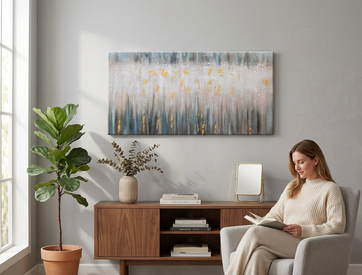 Industriálny obraz na plátne s motívom dážď v béžovo-modrých odtieňoch zavesený v interiéri pracovne, pokojná atmosféra, príroda a pokoj a vyrovnanosť – interiér