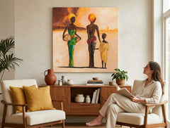 V boho štýle obraz na plátne s motívom AFRICKÉ ŽENY, dieťa, etnický vzor v béžovo-hnedých odtieňoch zavesený v interiéri obývačky, pokojná atmosféra – interiér