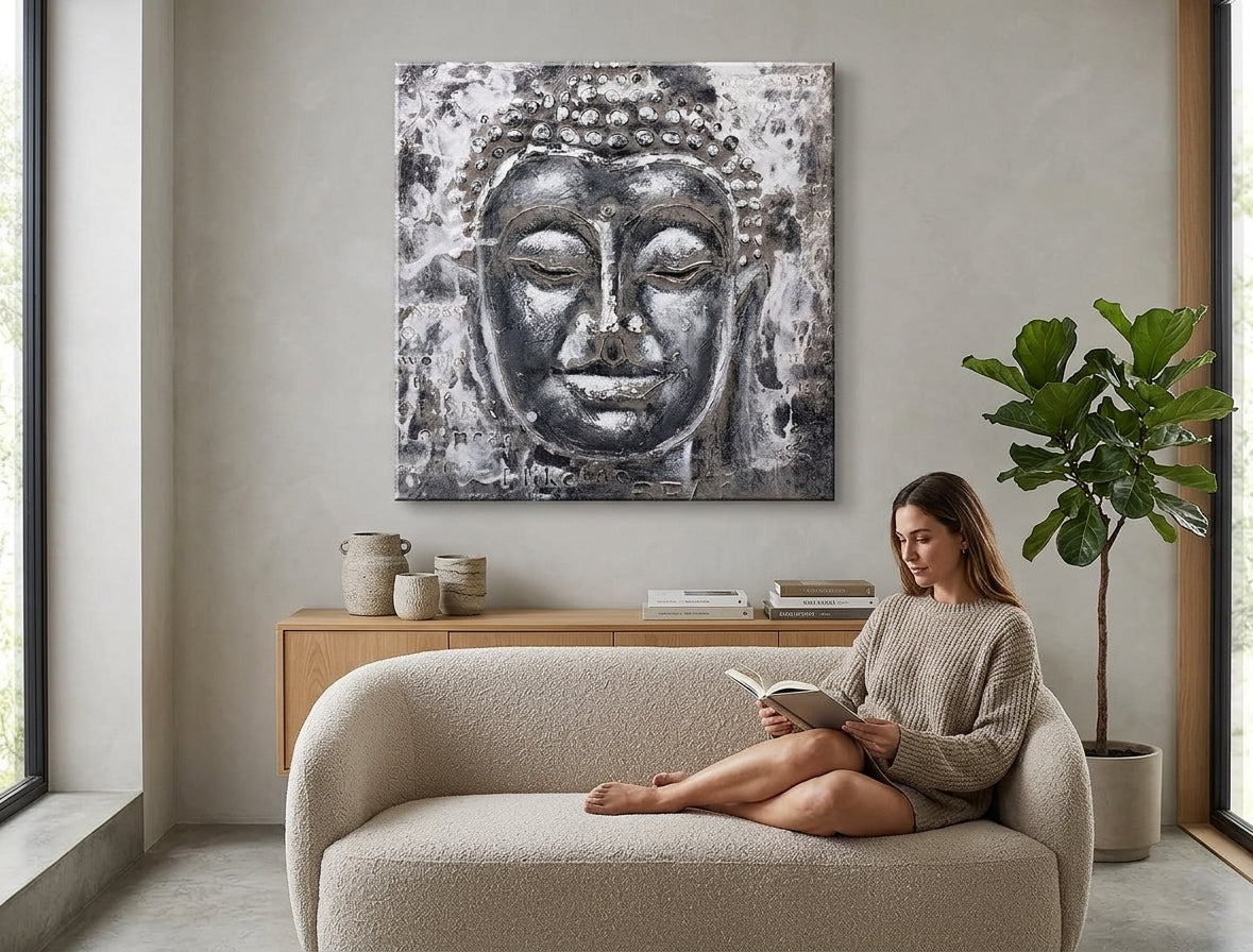 Industriálny obraz na plátne s motívom BUDHA, Buddha v bielo-sivých odtieňoch zavesený v interiéri spálne, pokojná atmosféra, vnútorný mier | Obraz na plátne BUDHA – interiér
