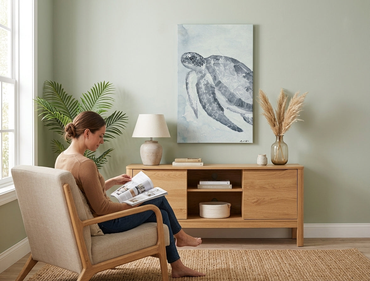V boho štýle obraz na plátne s motívom KORYTNAČKA, more a pláž v bielo-modrých odtieňoch zavesený v interiéri obývačky, pokojná atmosféra, príroda – interiér