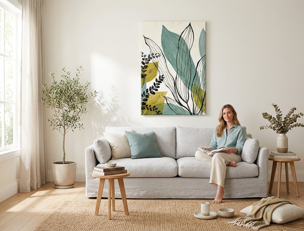V boho štýle obraz na plátne s motívom LISTY, príroda v bielo-modrých odtieňoch zavesený v interiéri obývačky, pokojná atmosféra, príroda a rast a rozvoj – interiér