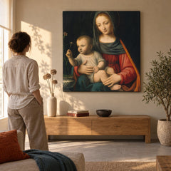 Obraz Madona s karafiátom – Bernardino Luini na plátne v obývačke