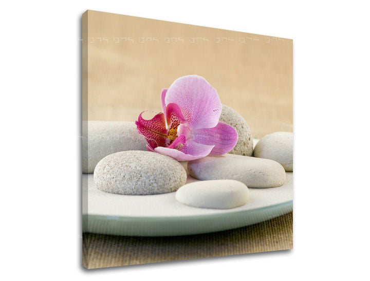 Industriálny obraz na plátne s motívom FENG SHUI, orchidea, krajina, príroda v modro-strieborných odtieňoch, pokojná atmosféra, vhodný do obývačky – hlavný [XOBFS042E12]