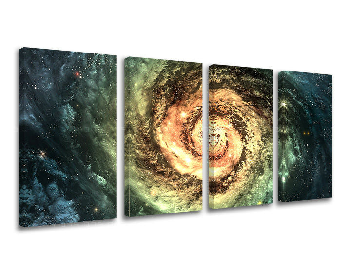 Moderný obraz na plátne s motívom galaxia, hviezdy, vesmír v zeleno-zlatých odtieňoch, majestátna atmosféra, tajomstvo, viacdielné prevedenie – hlavný