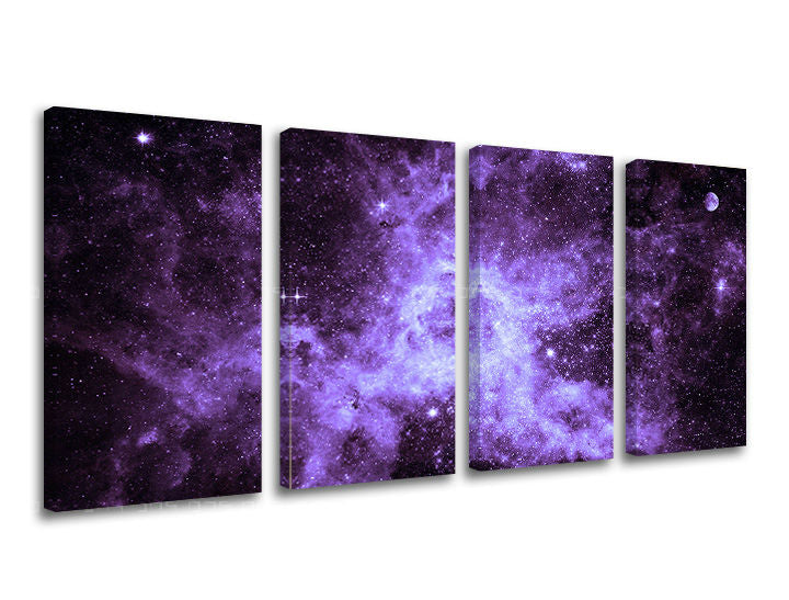 Moderný obraz na plátne s motívom hviezdy, galaxia, mesiac, vesmír v bielo-fialových odtieňoch, éterická atmosféra, viacdielné prevedenie, vhodný do pracovne – hlavný