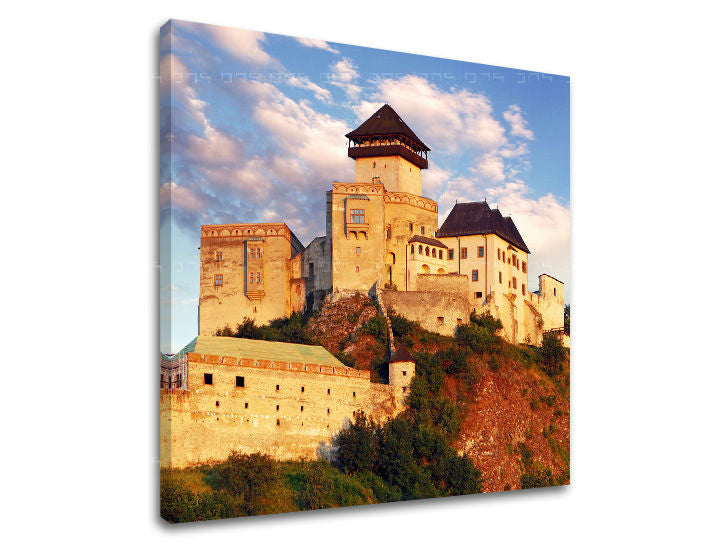 Obraz na plátne s motívom SLOVENSKO, hrad, veža, architektúra, detský motív v modro-zelených odtieňoch, majestátna atmosféra, vhodný do pracovne – hlavný
