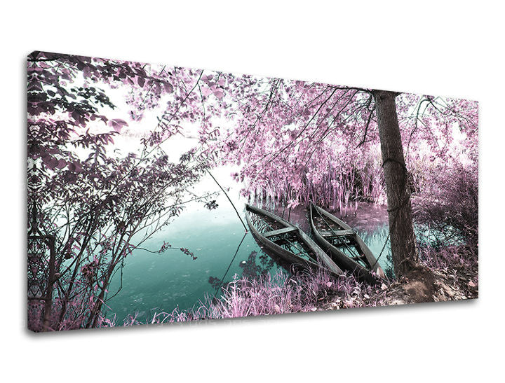 Klasický obraz na plátne s motívom PANORÁMA STROMY, stromy, mapa, príroda v ružovo-zelených odtieňoch, pokojná atmosféra, príroda a samota, vhodný do spálne – hlavný