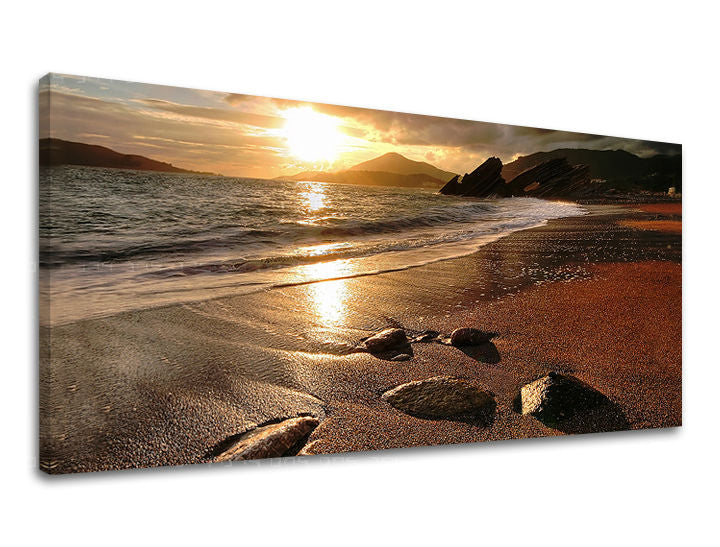 V boho štýle obraz na plátne s motívom PANORÁMA ZÁPAD SLNKA, pláž, oceán, západ slnka, krajina v oranžovo-zlatých odtieňoch, pokojná atmosféra – hlavný
