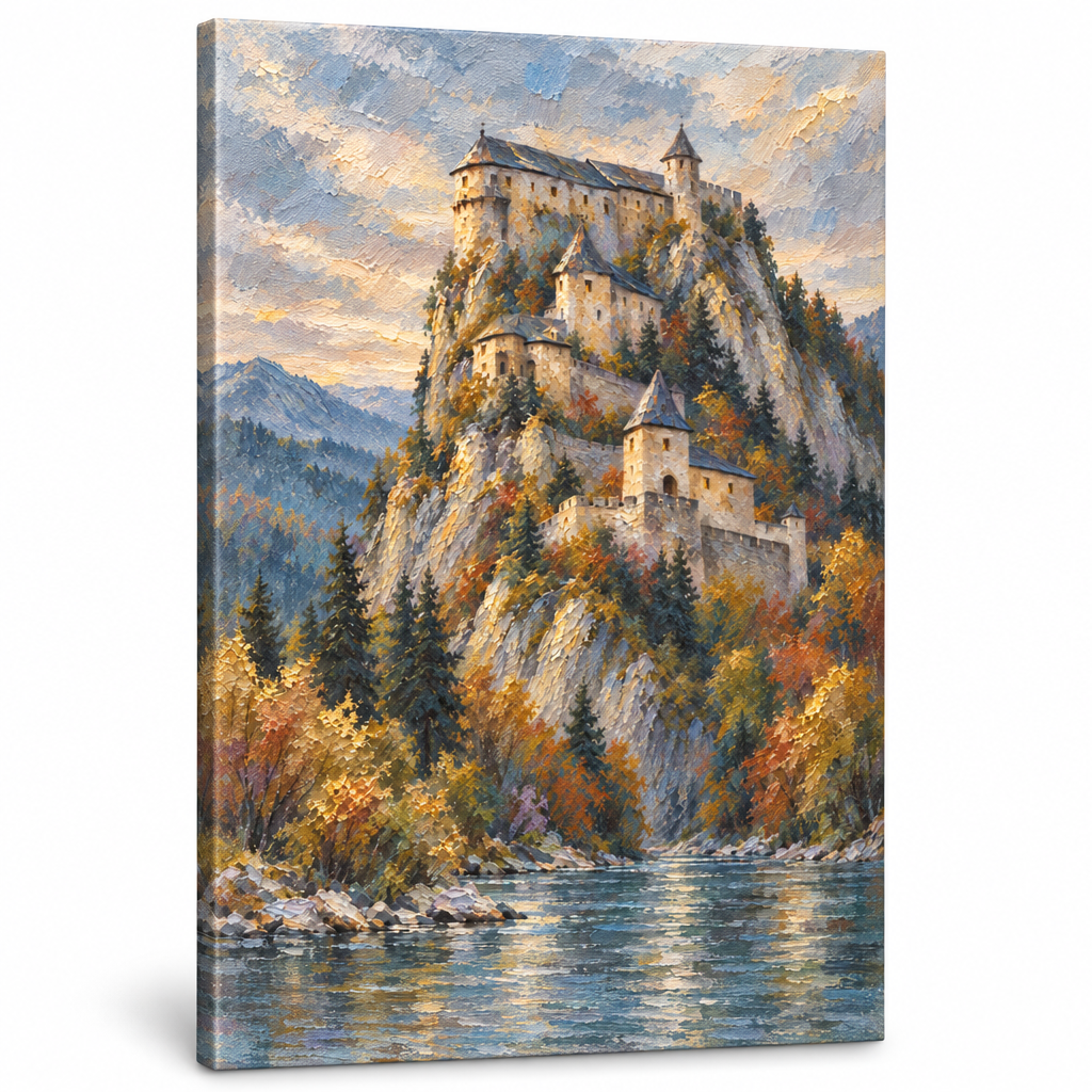 Obraz impozantného stredovekého hradu na vysokom skalnatom útese nad riekou na plátne — 3D vizualizácia canvasu s viditeľným dreveným podrámkom, Papilora Premium Art.