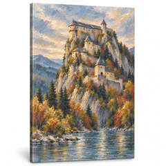 Obraz impozantného stredovekého hradu na vysokom skalnatom útese nad riekou na plátne — 3D vizualizácia canvasu s viditeľným dreveným podrámkom, Papilora Premium Art.