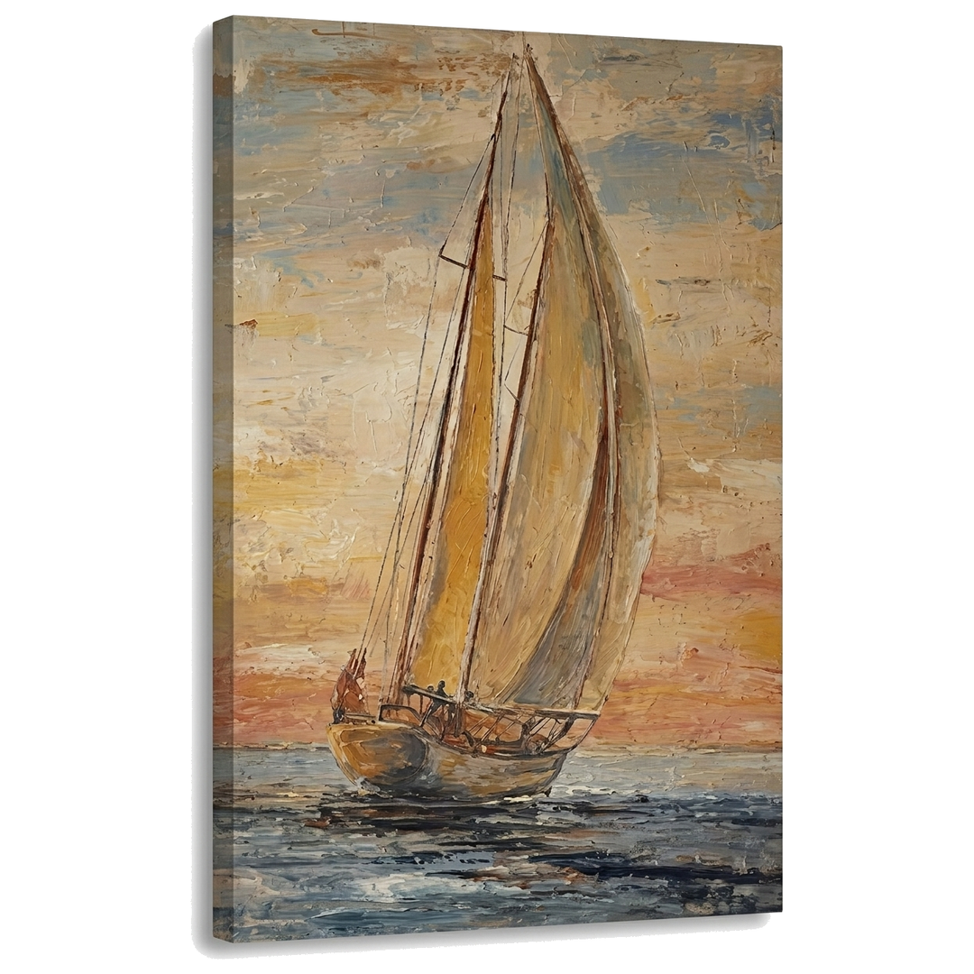 Obraz plachetnica na mori pri západe slnka na plátne — 3D vizualizácia canvasu s viditeľným dreveným podrámkom, Papilora Premium Art.