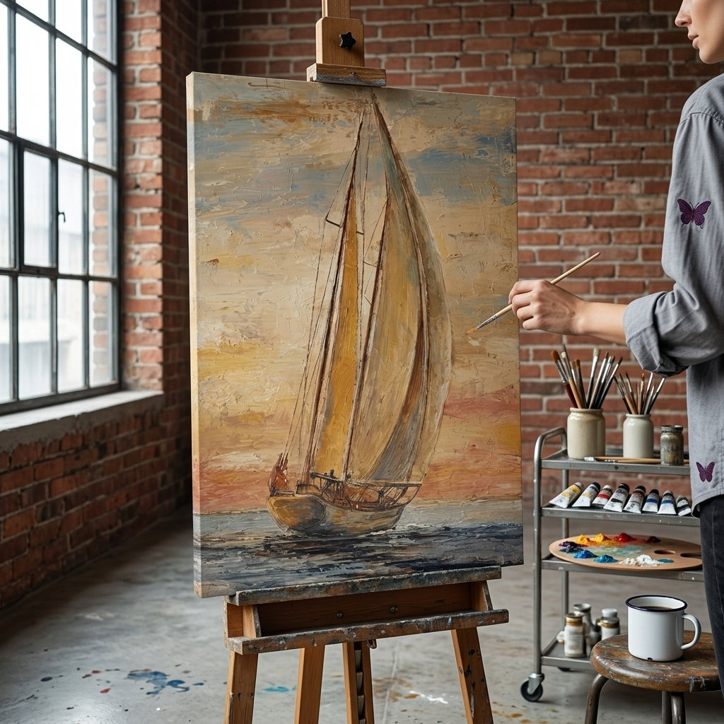 Umelkyňa v Papilora ateliéri stojí vedľa dreveného stojana s hotovým obrazom plachetnica na mori pri západe slnka, prirodzené denné svetlo z veľkého okna.