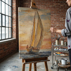 Umelkyňa v Papilora ateliéri stojí vedľa dreveného stojana s hotovým obrazom plachetnica na mori pri západe slnka, prirodzené denné svetlo z veľkého okna.