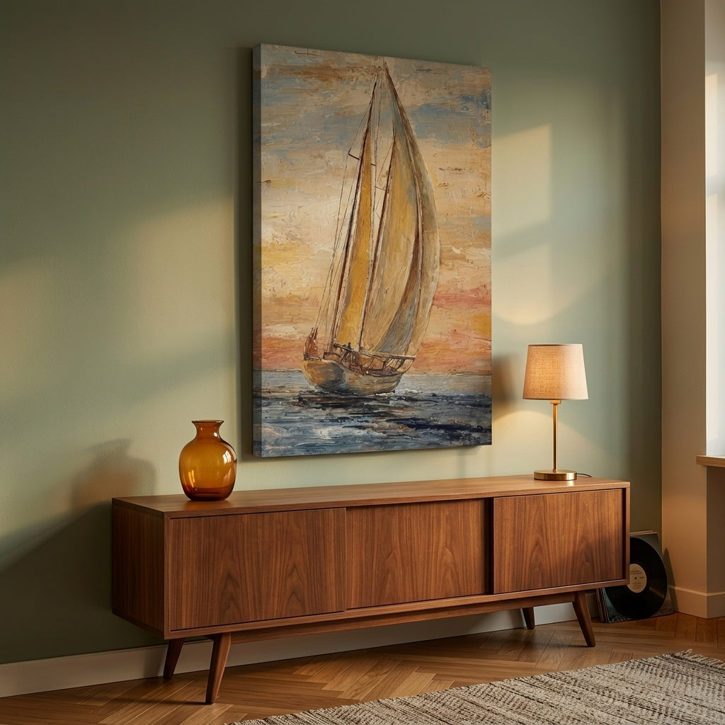 Obraz plachetnica na mori pri západe slnka zavesený v modernom štýlovom interiéri obývačky, nad drevenou konzolou s vázou a sviečkou.