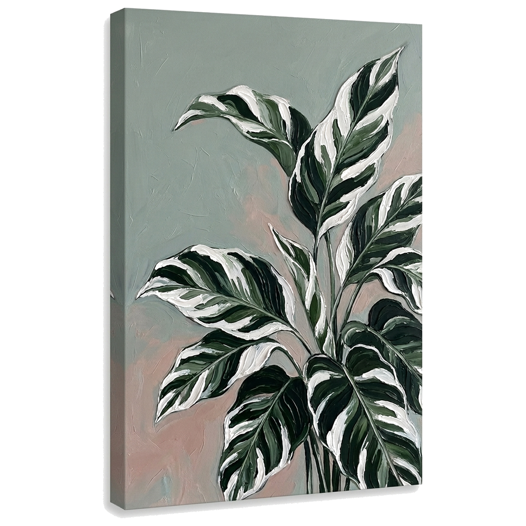 Obraz veľké listy tropickej rastliny s panašovaním na plátne — 3D vizualizácia canvasu s viditeľným dreveným podrámkom, Papilora Premium Art.